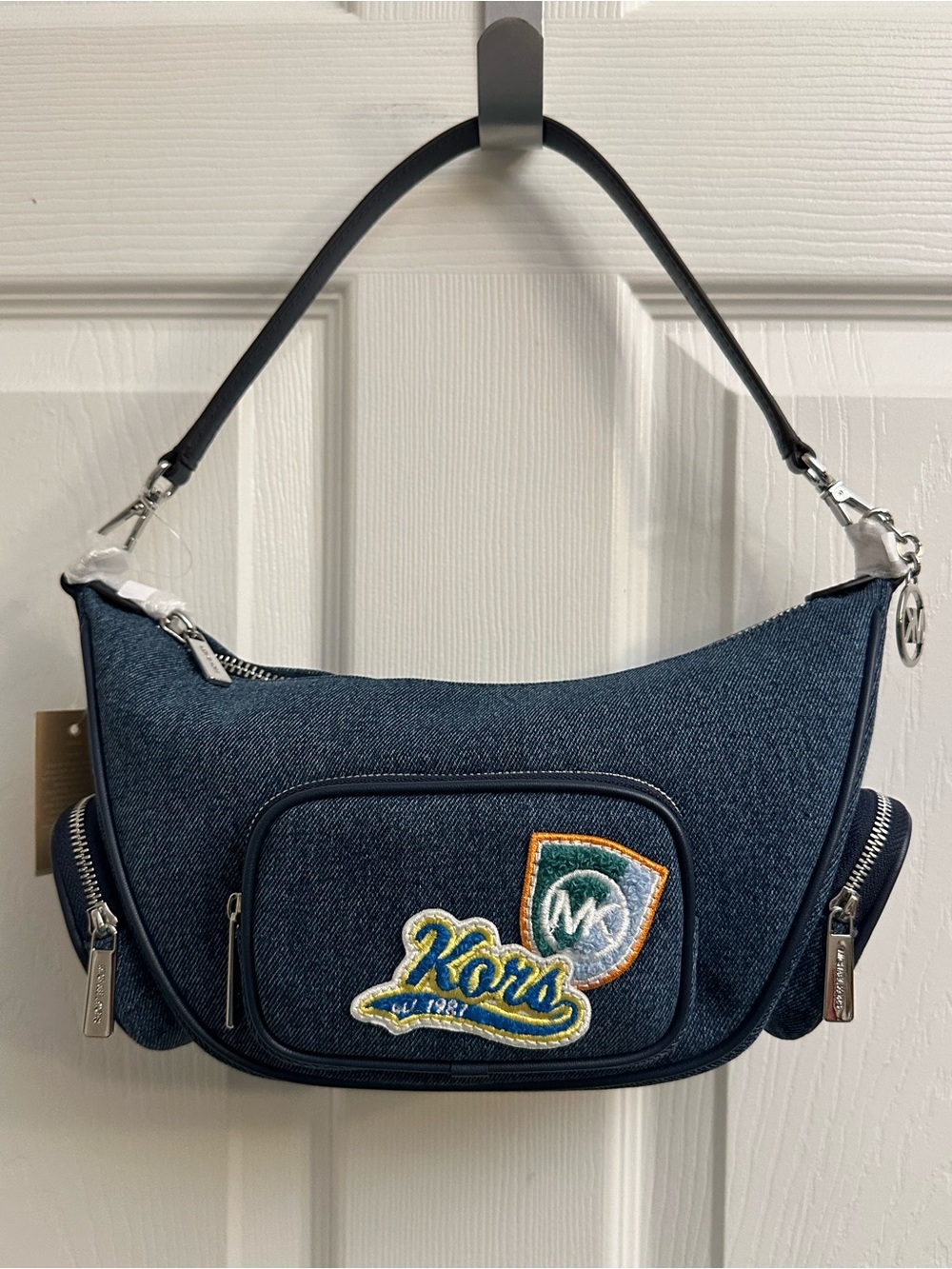 Michael Kors Dark Blue Denim Shoulder Bag with Patch Accents